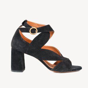 Chloe Graphic Leaves Cross-Over Vamp Ankle Wrap Black Suede Sandals